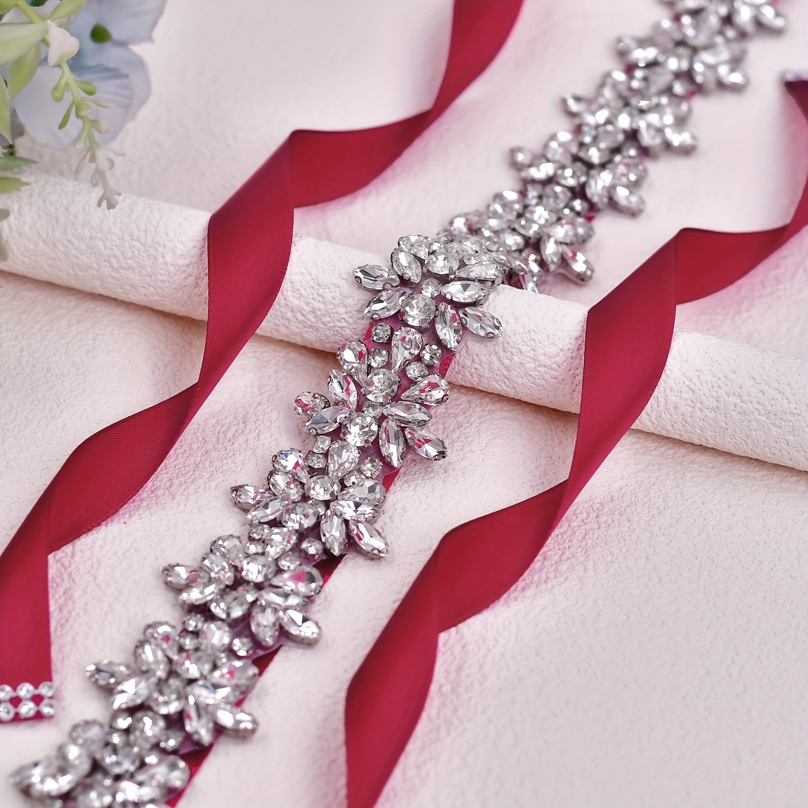 Rhinestone Bridal Sash Red Ribbon with Sparkling Floral