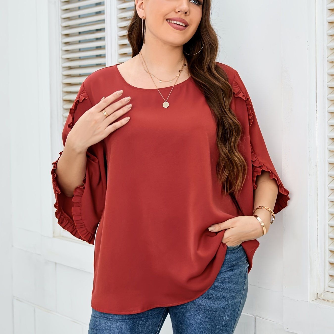  Ruffle Trim Long Sleeve Top Women's Plus Round Neck T-Shirt