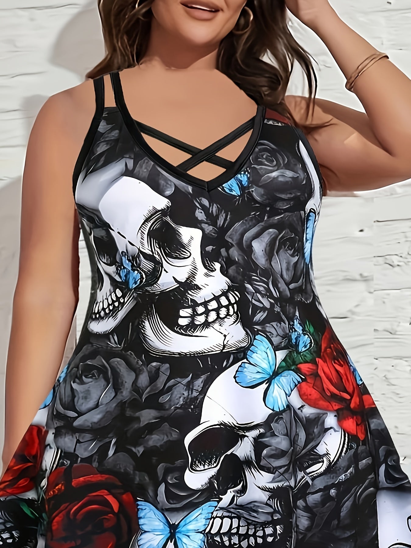  Floral Skull Print Split Strap Criss Cross Back A-line Dress