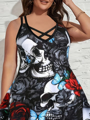  Floral Skull Print Split Strap Criss Cross Back A-line Dress