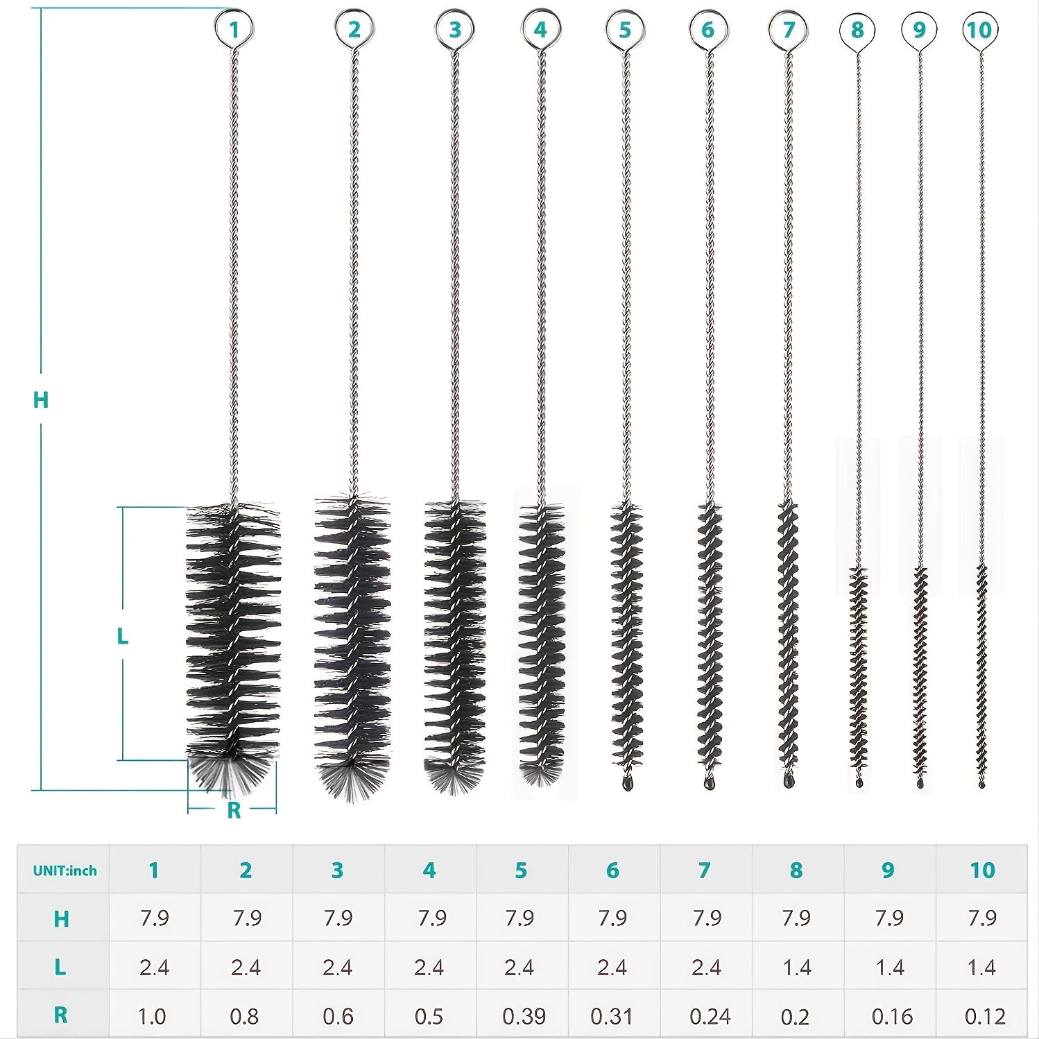 10pcs 304 Stainless Steel Bottle Brushes Reusable Straw Cleaning Brush