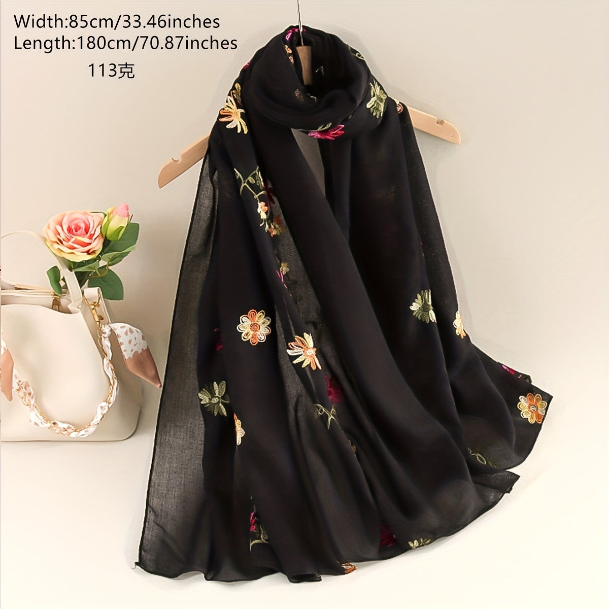 Flower Embroidery Scarf Solid Shawl Casual Head Wrap Hijab