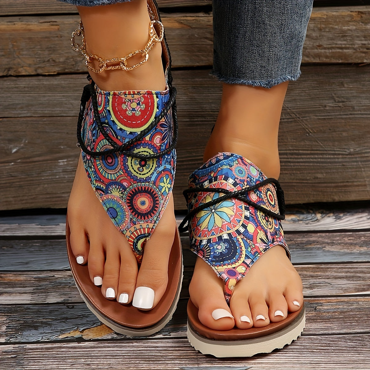 Women's Geometric Pattern Flat Sandals Thick Bottom Gladiator Thong Sandals