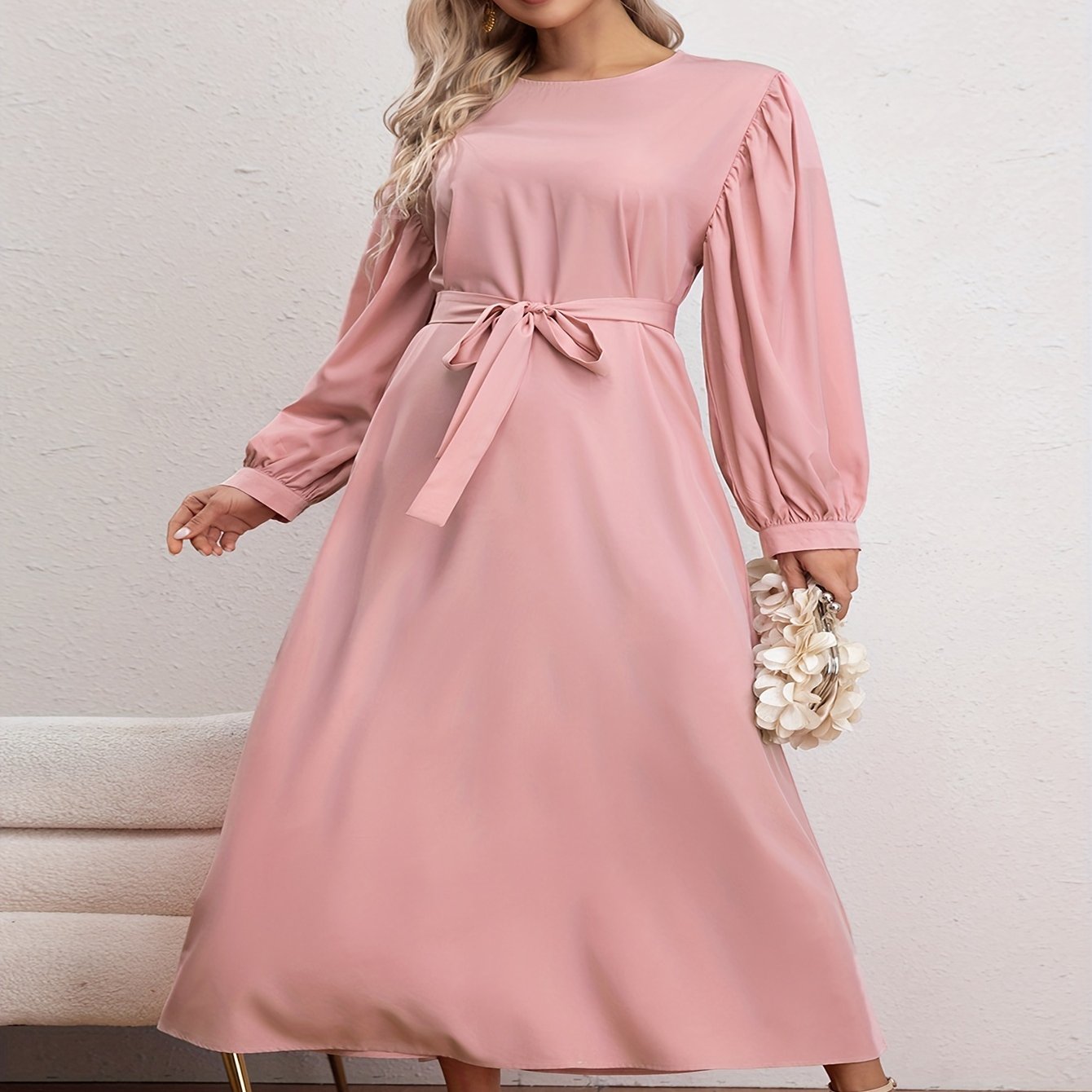 Women's Plus Solid Lantern Sleeve Round Neck Maxi Dress With Belt