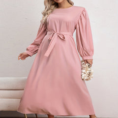 Women's Plus Solid Lantern Sleeve Round Neck Maxi Dress With Belt