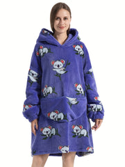  Women's Cartoon Koala Pattern Fleece Hooded Robe