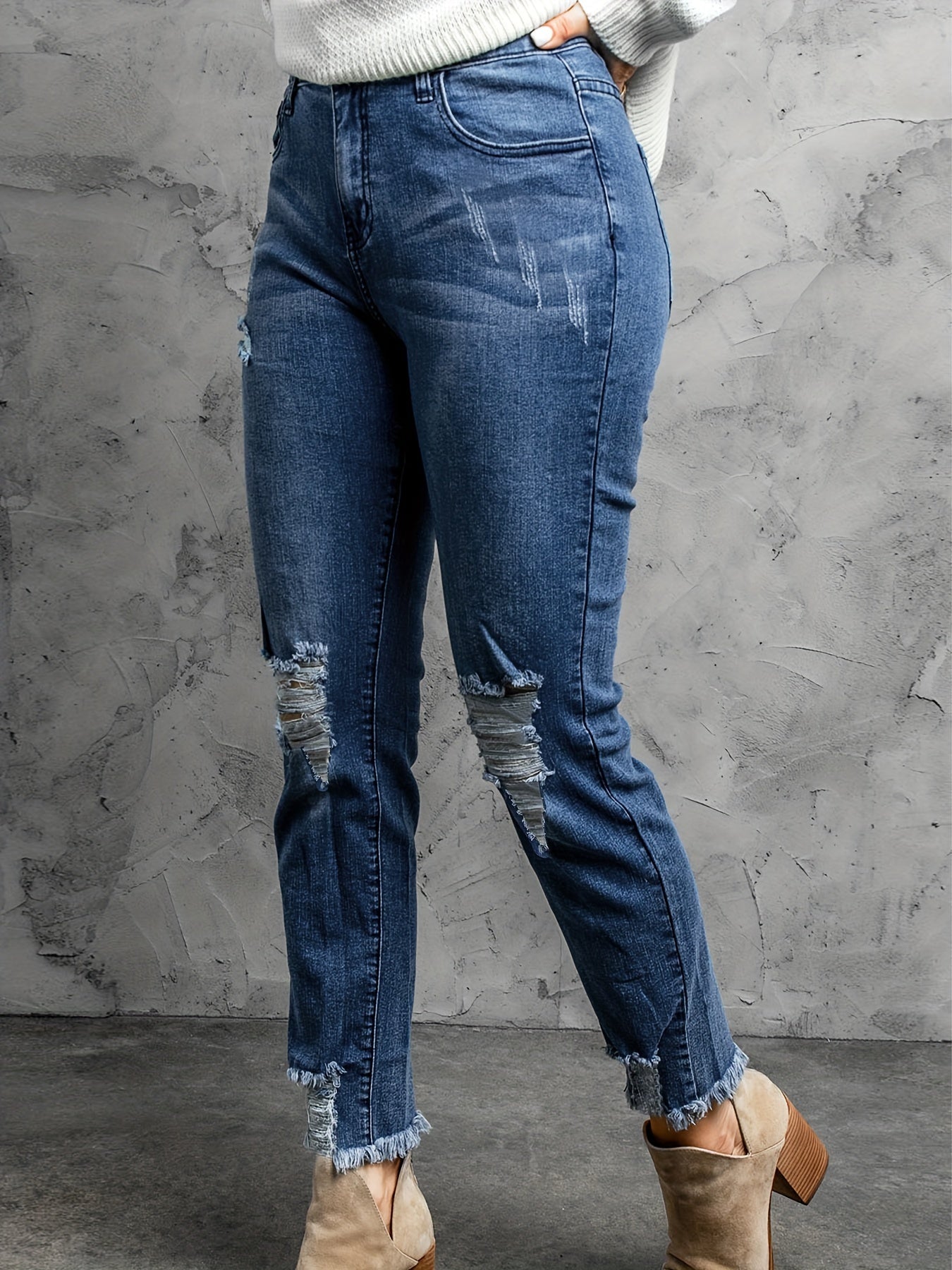  Casual Jeans Women's Solid Ripped Trim Slim Fit Jeans