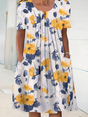  Floral Print Short Sleeve Round Neck Dress With Pockets