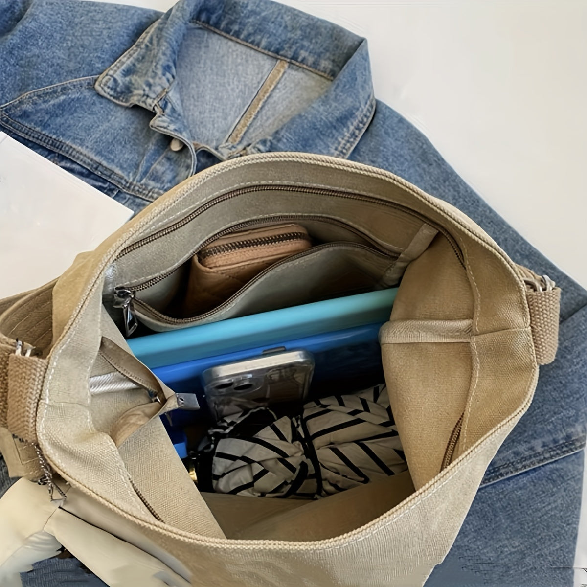 Khaki Canvas Durable Handbag Zipper Large Capacity Shoulder Bag