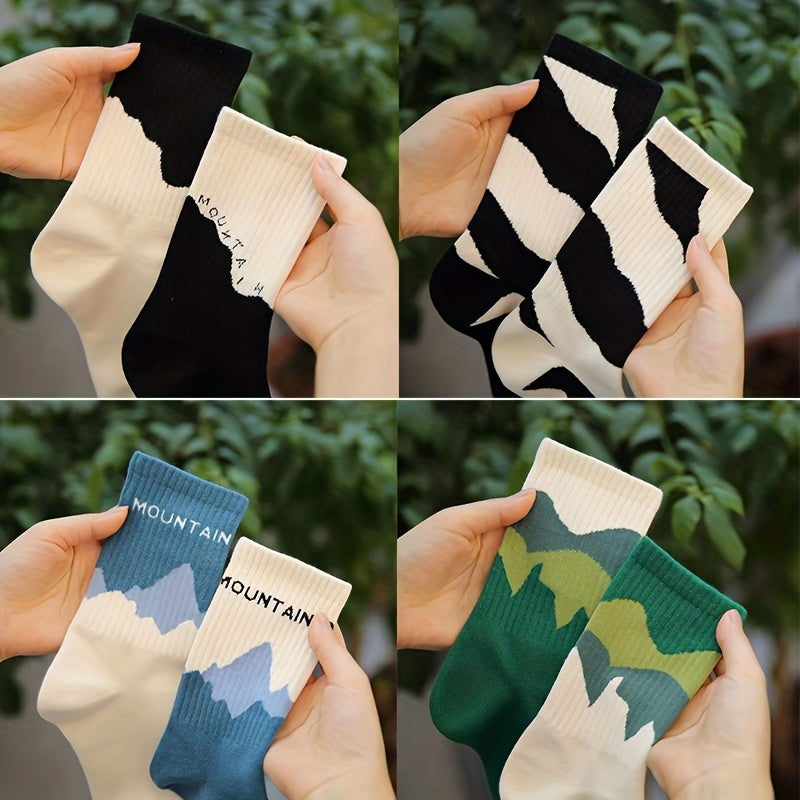 Colorblock Print Ribbed Socks Comfy Mid Tube Stockings