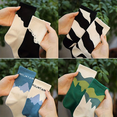 Colorblock Print Ribbed Socks Comfy Mid Tube Stockings