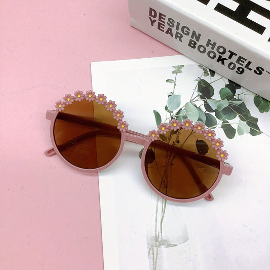 Round Frame Daisy Decorative Outdoor Sunglasses for Girls