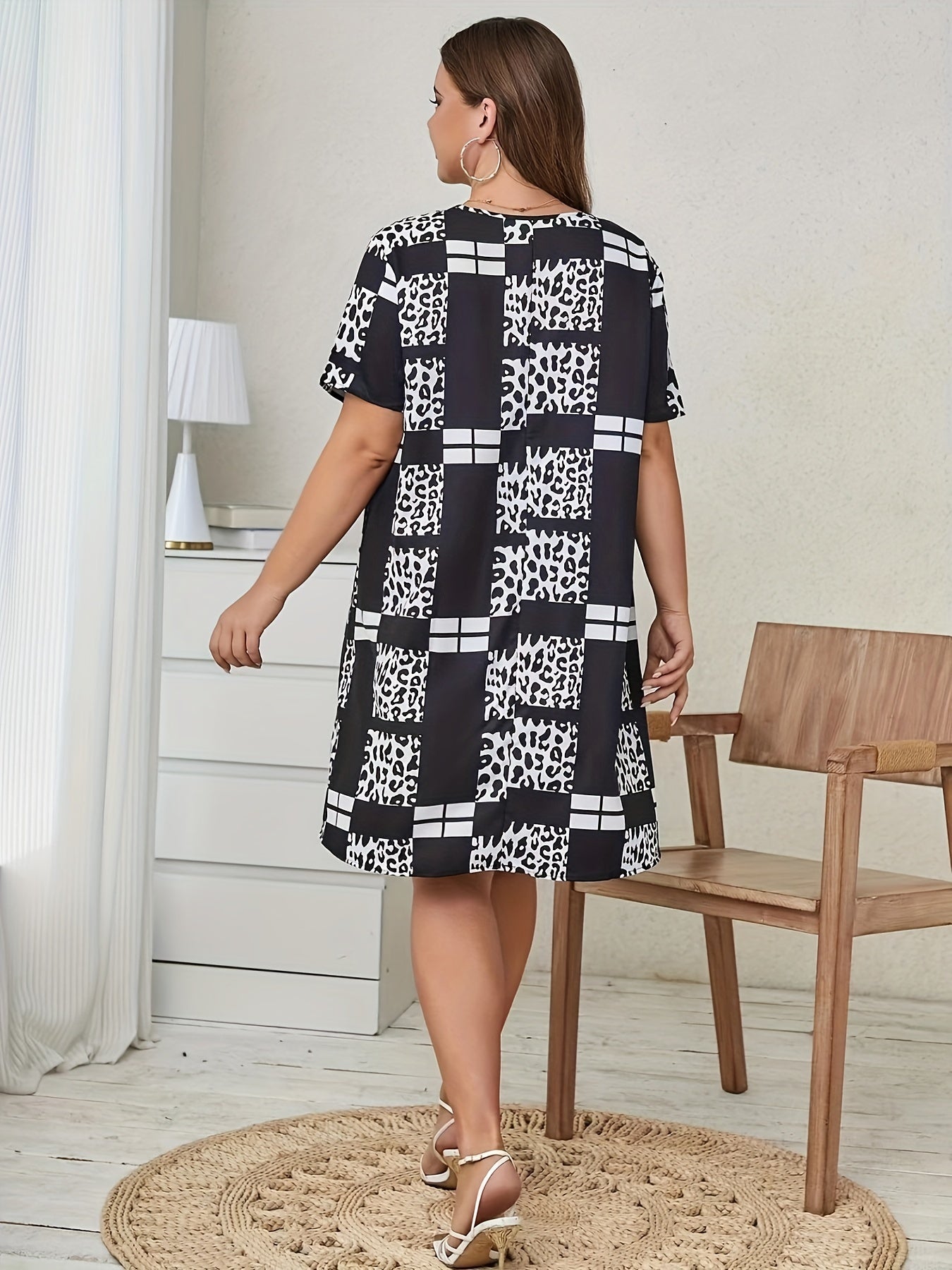  Colorblock Leopard & Grid Print Short Sleeve Dress