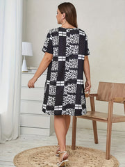  Colorblock Leopard & Grid Print Short Sleeve Dress