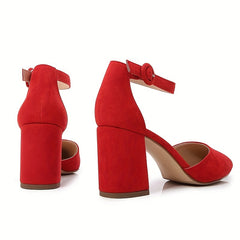 Women's Block Heeled Sandals Pointed Toe Ankle Strap Pumps Solid Heels