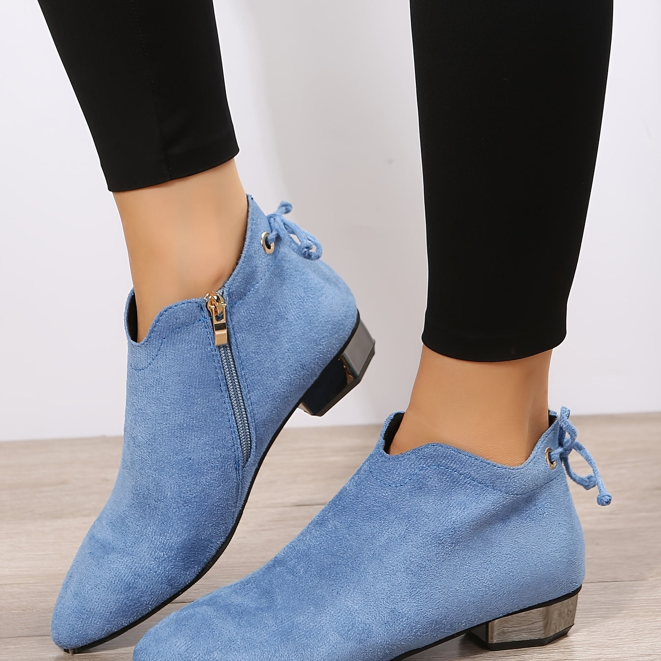 Women's Low Heel Ankle Boots Pointed Toe Side Zipper Block Heels