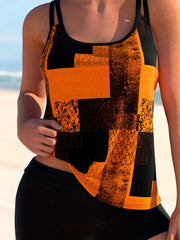  Geometric Print Split Strap Tankini Set