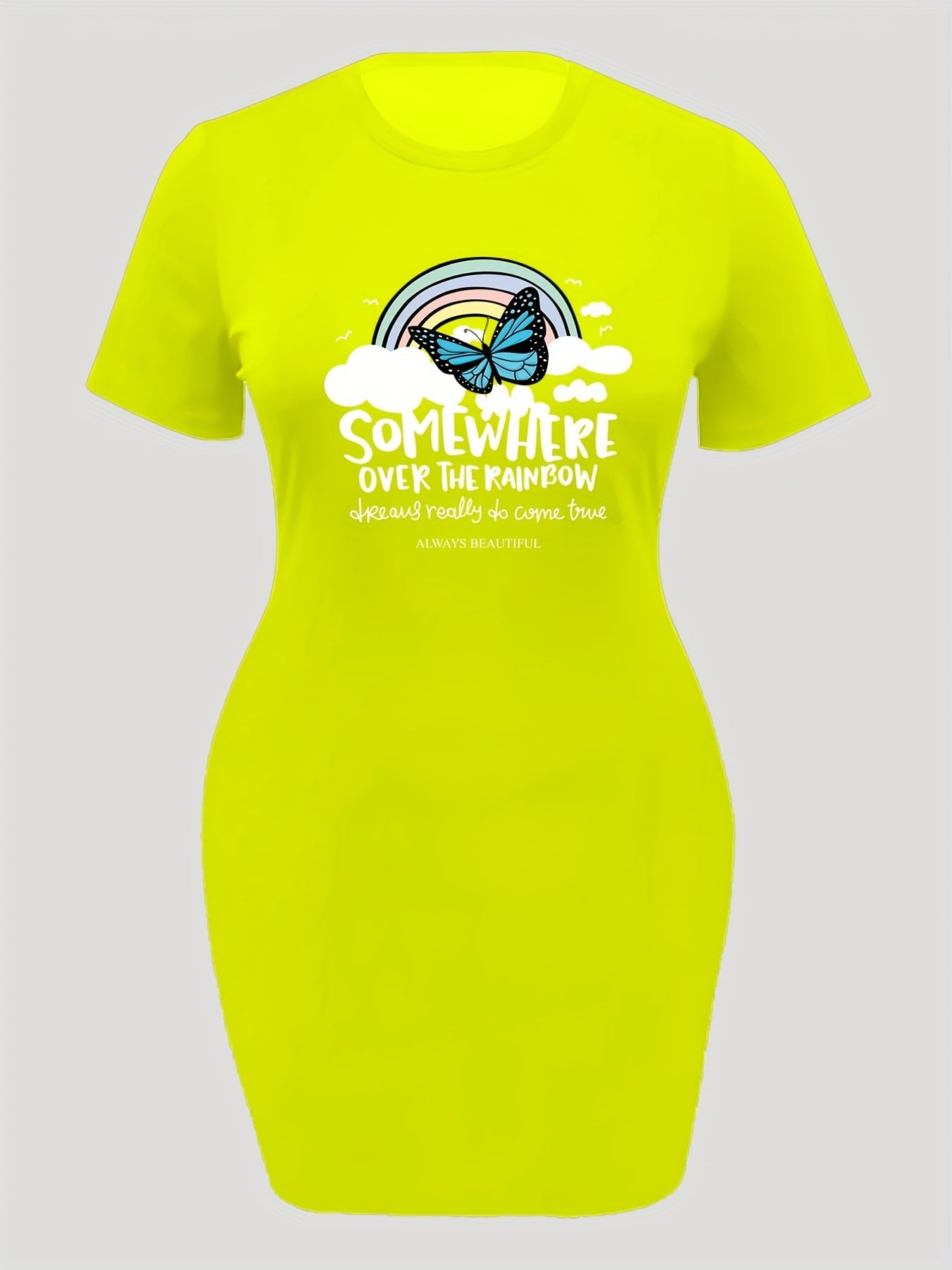  Rainbow Butterfly Slogan Short Sleeve Dress