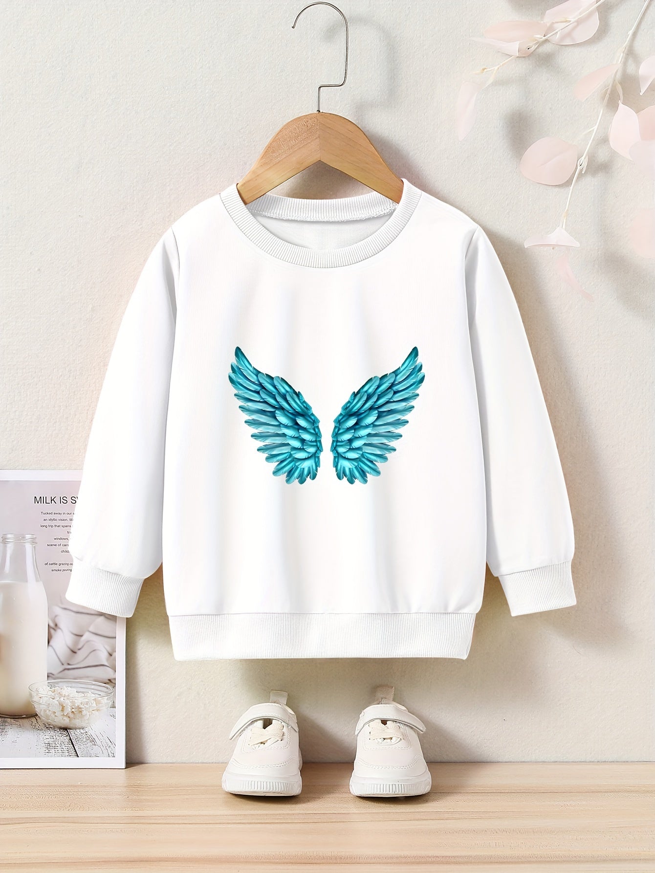 Wings Print Sweatshirt Girls Casual Graphic Crew Neck Pullover Sweatshirt