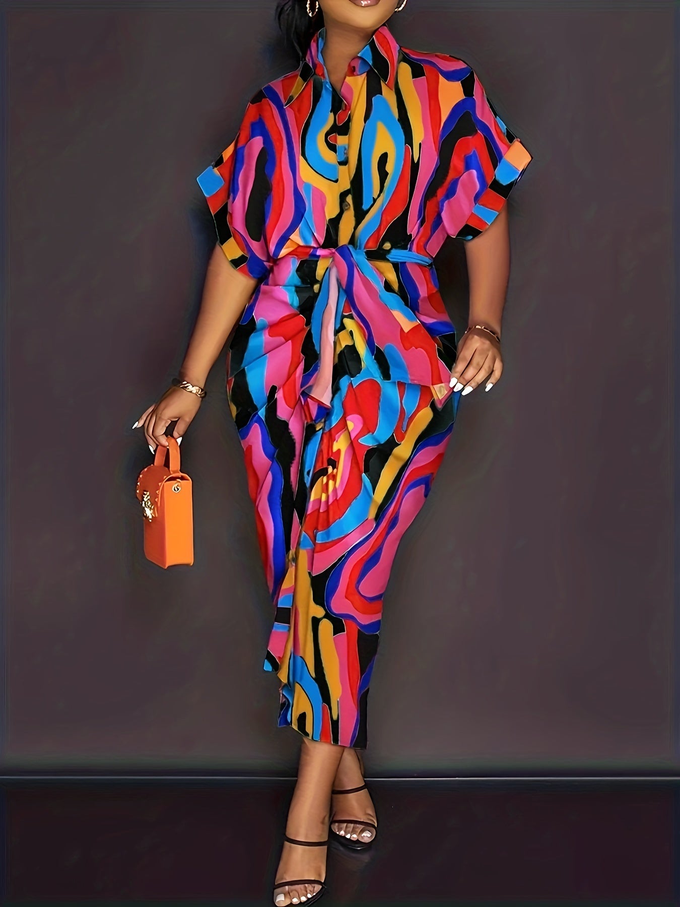  Abstract Print Polo Neck Shirt Dress With Pockets