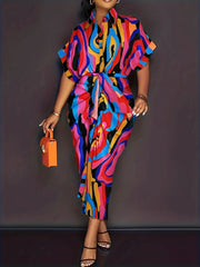  Abstract Print Polo Neck Shirt Dress With Pockets