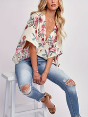  Floral Print Bat Sleeve V Neck Blouse