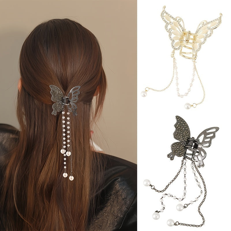 Butterfly Rhinestone Hair Claw Clip with Tassel - Golden