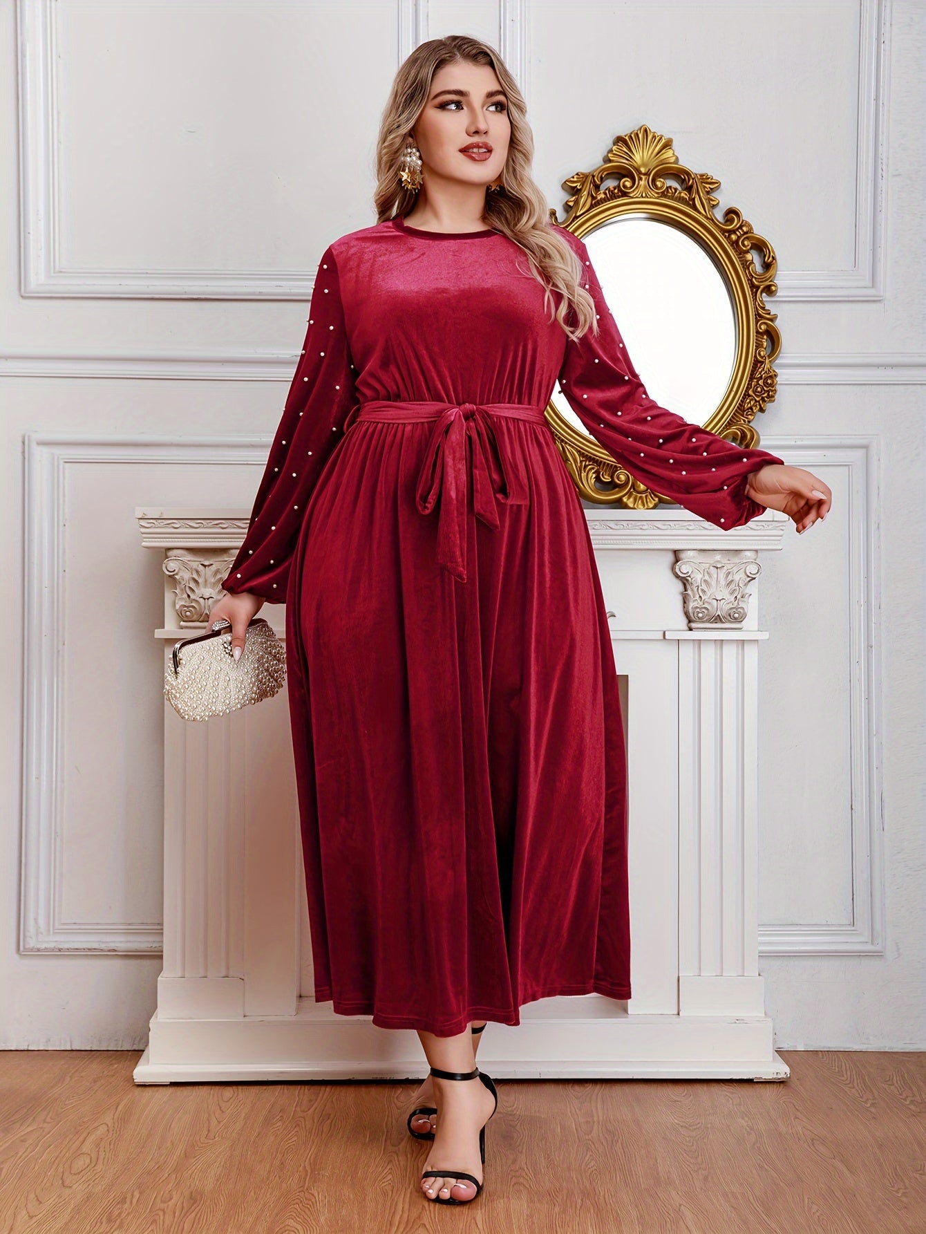  Velvet Maxi Dress with Lantern Sleeves and Belt