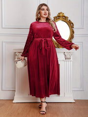  Velvet Maxi Dress with Lantern Sleeves and Belt