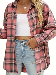 Plaid Print Long Sleeve Button Up Loose Fit Shirt