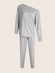  Solid Drop Shoulder Long Sleeve Top & Jogger Pants Outfits