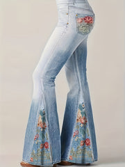  Denim Print Floral Panel Flare Pants