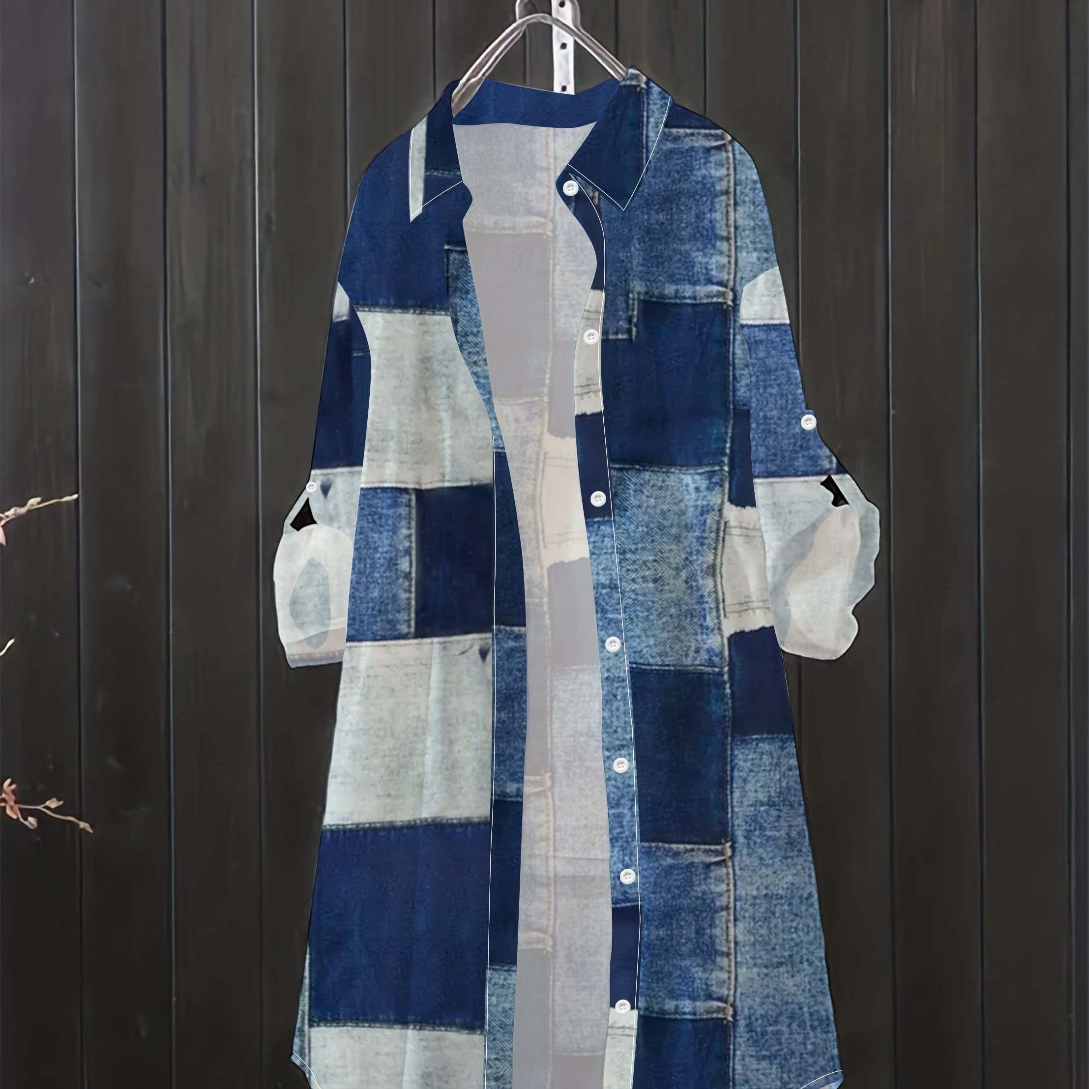  Denim Print Button Up Tunic Shirt