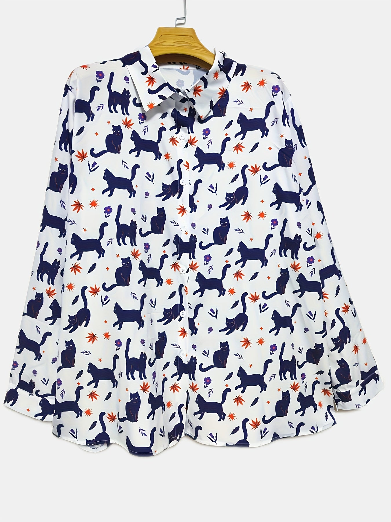  Cat Print Button Up Long Sleeve Collar Blouse