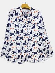  Cat Print Button Up Long Sleeve Collar Blouse