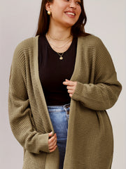  Casual Cardigan Women's Plus Plain Waffle Pattern Long Sleeve