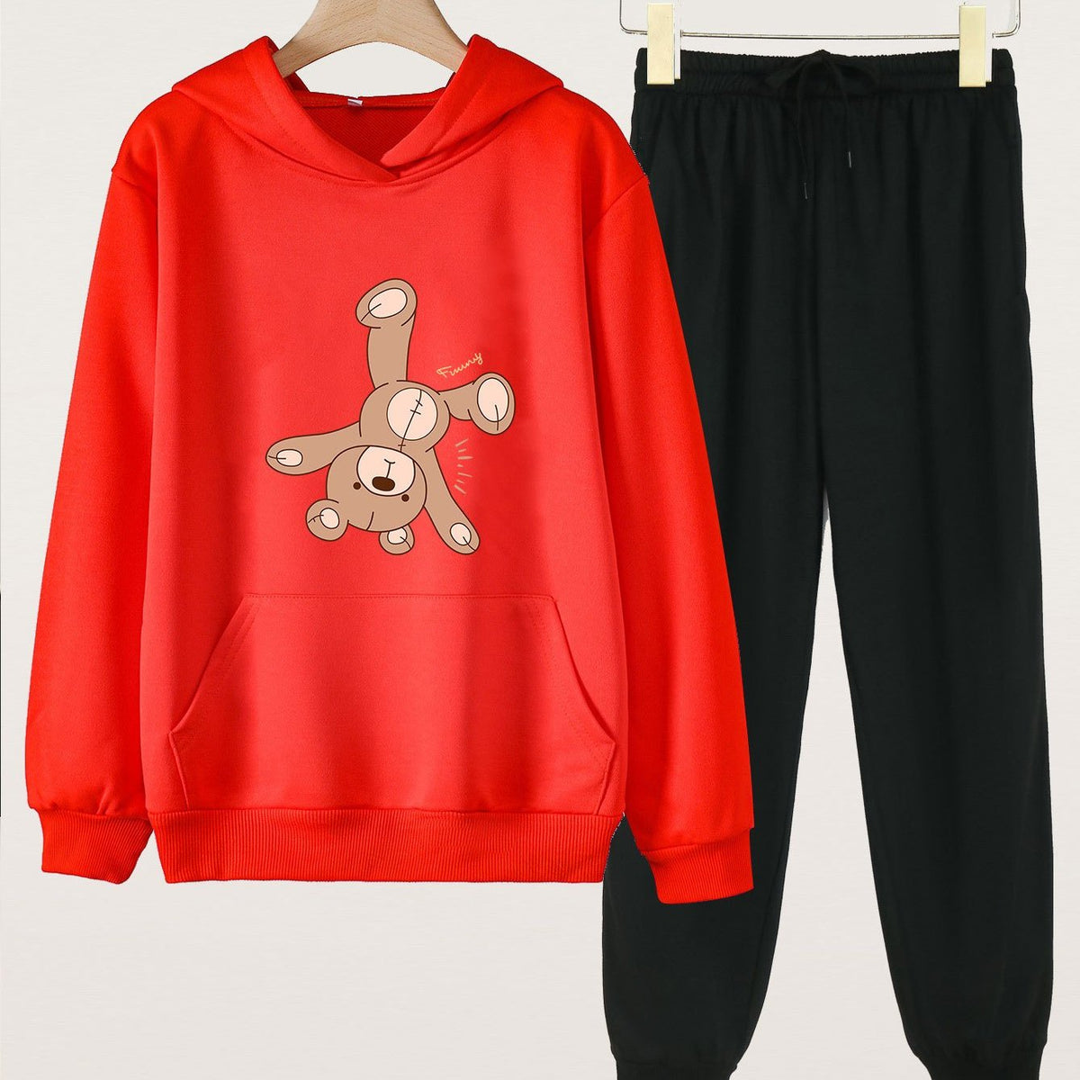 Bear Print Hooded Outfit For Girls Hoodie & Pants Set Kid's Clothes