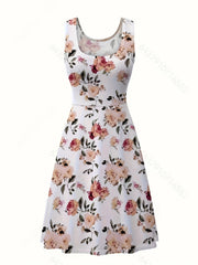  Floral Print Round Neck Stretch Tank Dress