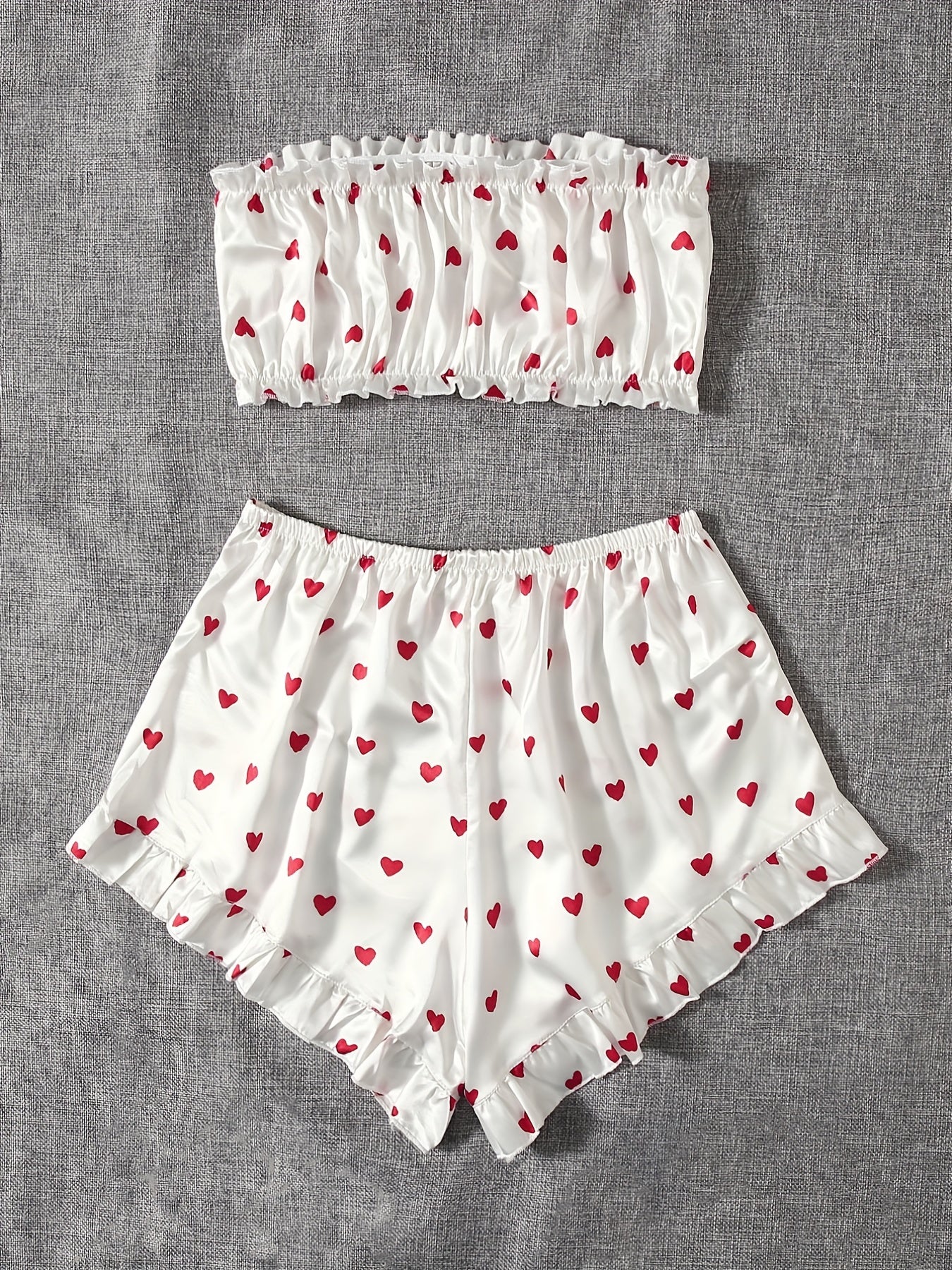 Heart Print Pajama Set Strapless Tube Top & Ruffle Shorts