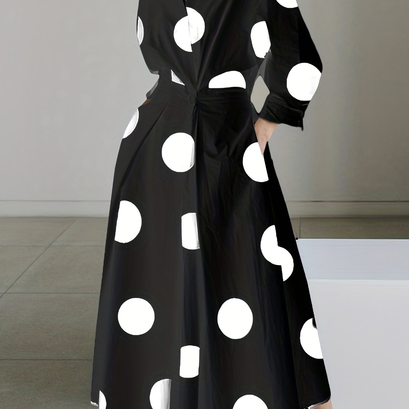  Women's Dot Print Long Sleeve Maxi Shirt Dress