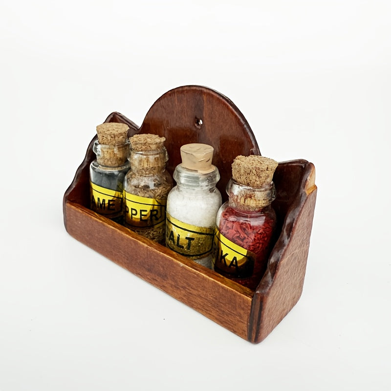 1:12 Scale Wooden Spice Rack w/ 4 Glass Bottles - Dollhouse Kitchen Decor