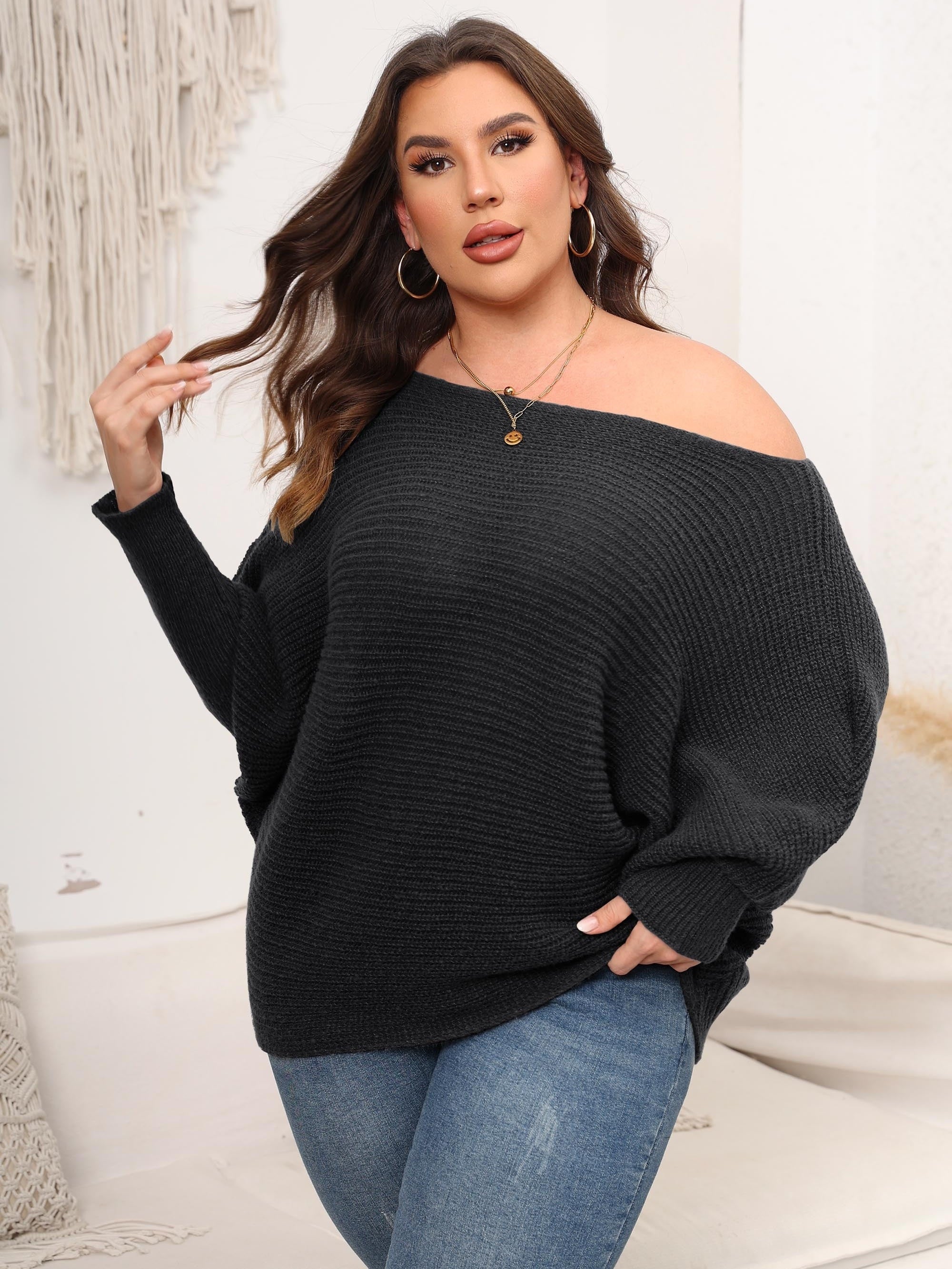  Casual Sweater Women's Solid Bat Sleeve Jumper
