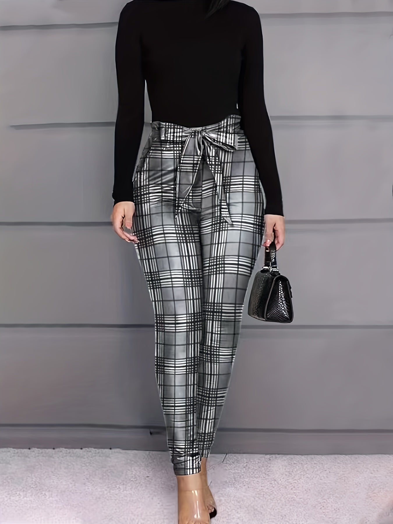  Grid Print Knot Front High Rise Leggings