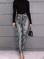  Grid Print Knot Front High Rise Leggings