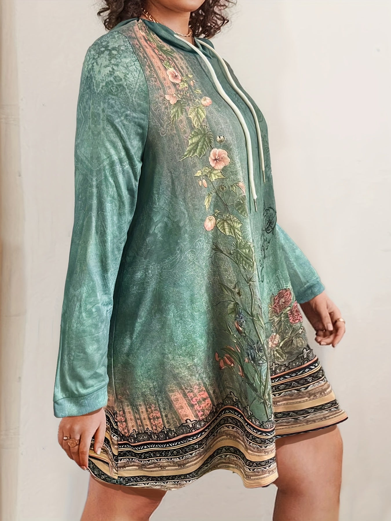  Boho Dress Women's Floral Print Hooded Sweater Dress