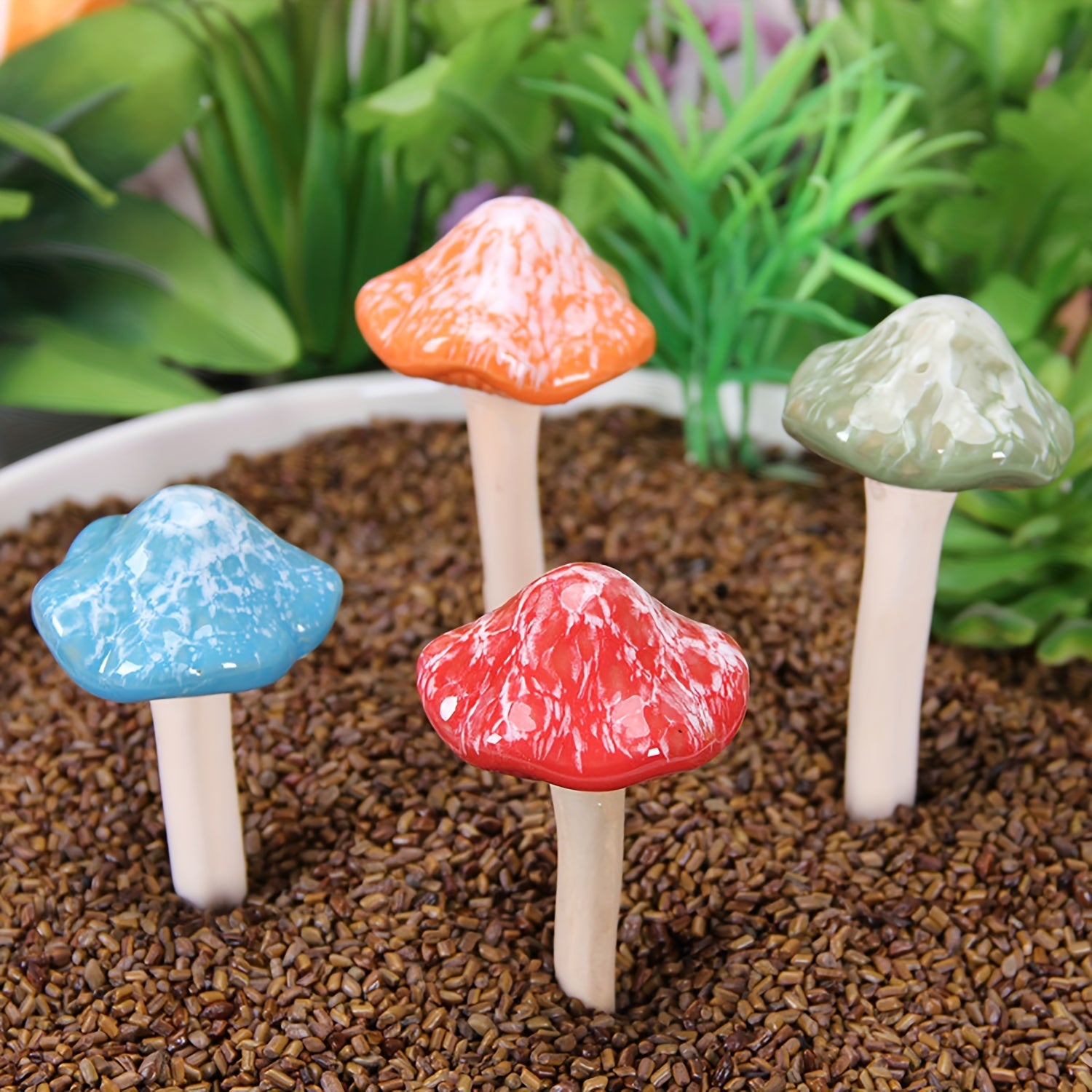 4pcs Mushroom Yard Decor Ceramic Mushroom Garden Statue Fairy Garden Stakes