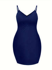  Casual Cami Dress Women's Plus Plain Backless V Neck Slight Stretch