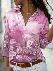  Floral & Butterfly Print Long Sleeve Blouse