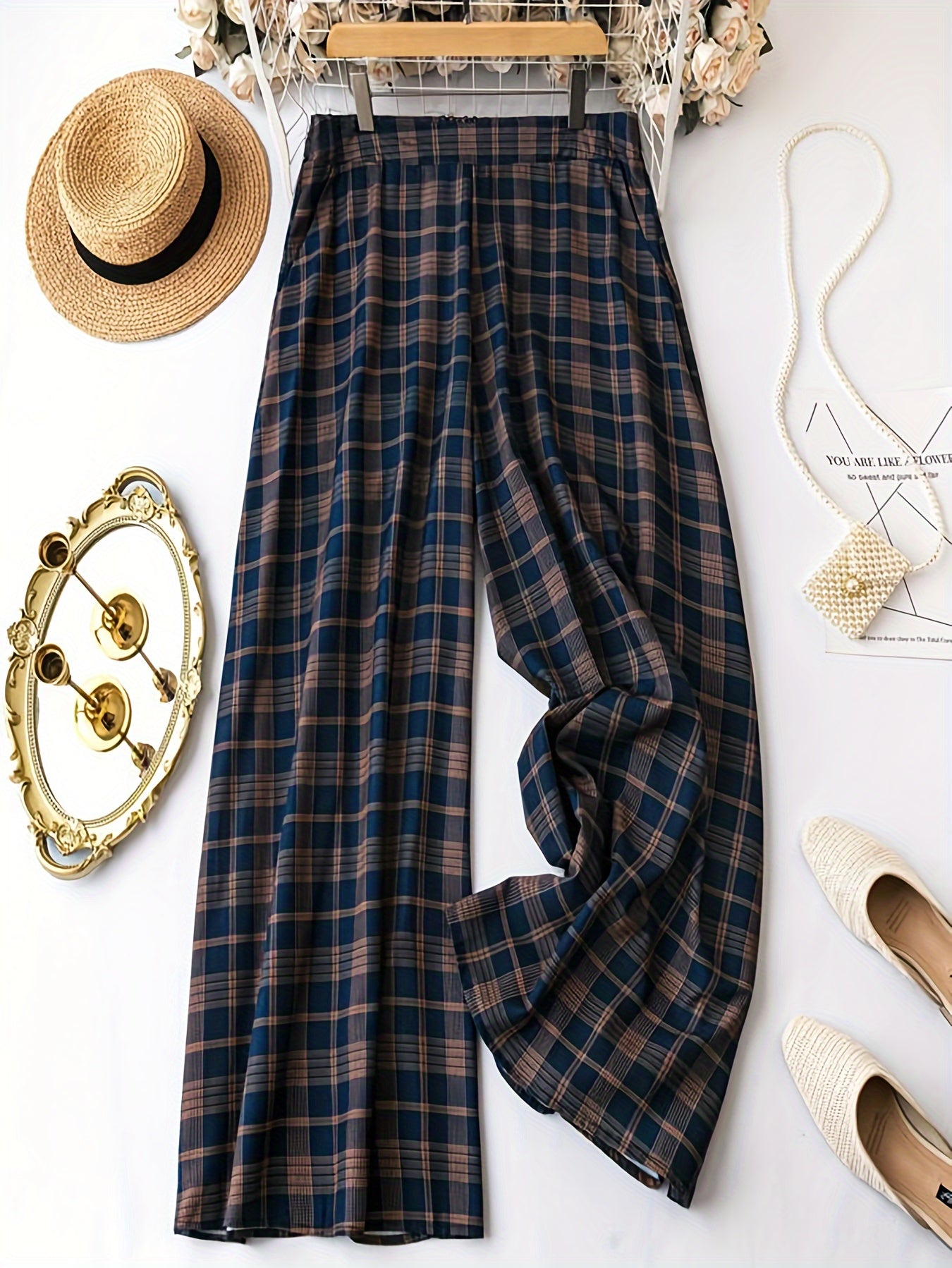 Women's Plus Plaid Wide Leg Stretch Pants