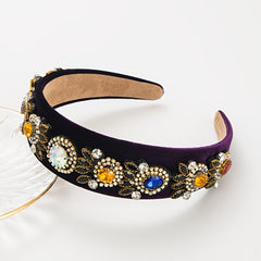 Vintage Velvet Wide Headband with Crystal Beads Flower Hair Hoop